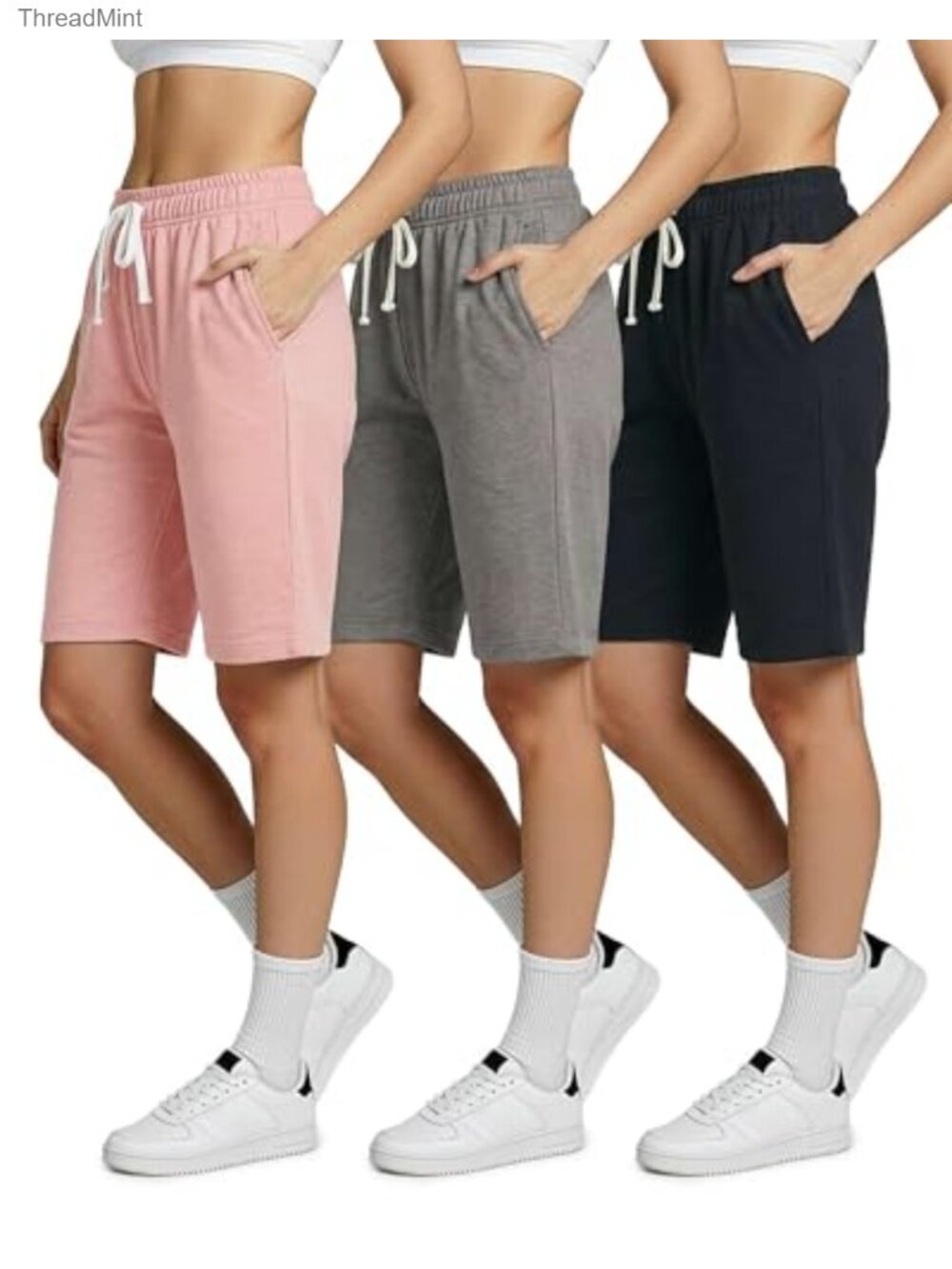 3 Pack Women's 9" French Terry Bermuda Shorts Athletic Lounge Pockets Mid Rise